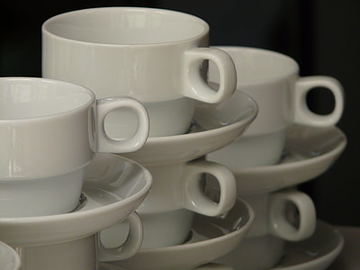 stackable white ceramic cups and saucers thumbnail
