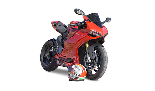 red sports motorcycle and orange full-face helmet thumbnail