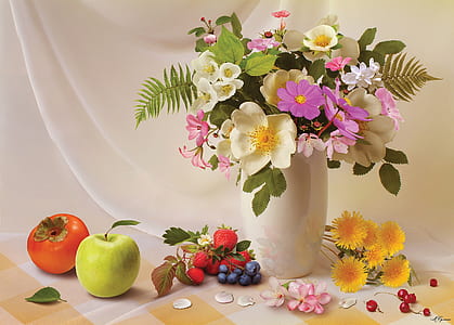 flowers in white vase and fruits still life painting thumbnail