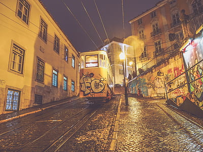 train passing beside concrete buildings thumbnail