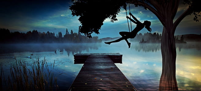 silhouette of a woman riding on swing at night thumbnail