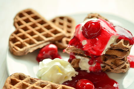 baked waffle with topping on white ceramic plate thumbnail