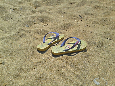pair of yellow-and-purple flip-flops thumbnail