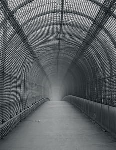 grayscale photograph of pathway between metal frames thumbnail