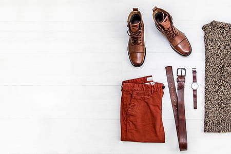 brown leather leather boots, red pants, belt, watch, and shirt thumbnail