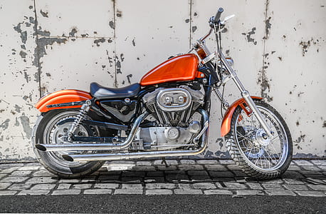 orange cruiser motorcycle parked near wall thumbnail