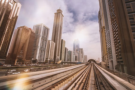 Beautiful view from the metro at skyscrapers in the downtown of Dubai thumbnail