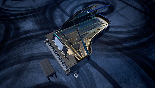 mini gray upright piano on blue textile thumbnail