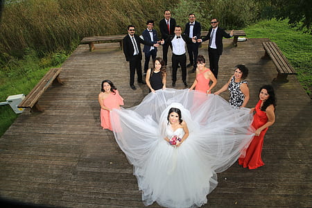 five women holding brides dress thumbnail