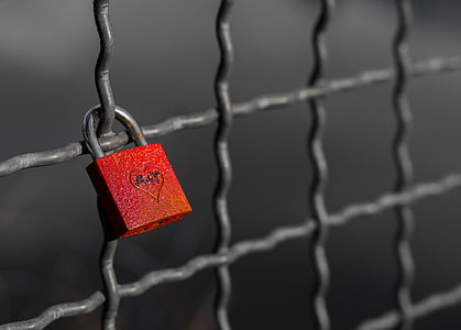 selective color photo of padlock locked on mesh metal grill thumbnail