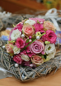 pink and white rose bouquet on clear plastic pack thumbnail