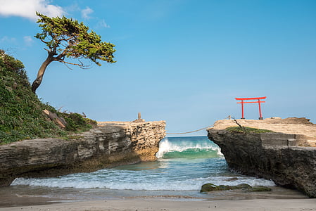 torii arch on top of cliff under clear skies during daytime thumbnail