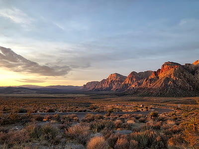 gray road surrounded by beige and green fields overlooking rock formation during daytime thumbnail
