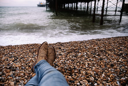 Person Wearing Blue Denim Pants and Brown Boots Sitting on Brown and Black Stone in Front of Body of Water thumbnail