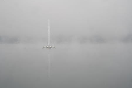 boat, lake, fog, monochrome thumbnail