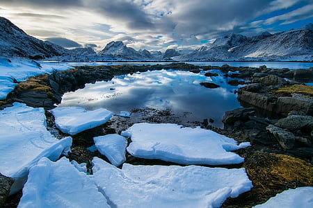 cracked snow on mountain grounds next to body of water during day thumbnail