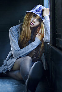 Girl in blue shirt and blue stockings thumbnail