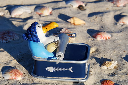 selective focus photography of seagull laying down on sardine can figurine thumbnail