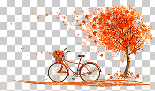Autumn leaf color Tree Illustration, Autumn orange bicycle under maple, maple tree and bike illustration PNG clipart