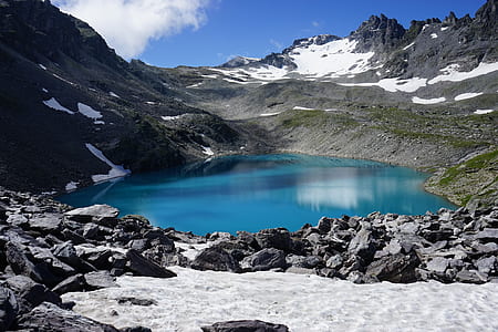 body of water surrounded by mountains and rocks thumbnail