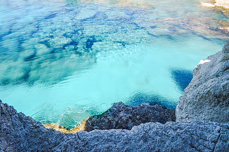clear blue body of water beside gray rocky cliff thumbnail