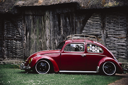 red Volkswagen Beetle parked on grass beside gray wooden cabin thumbnail