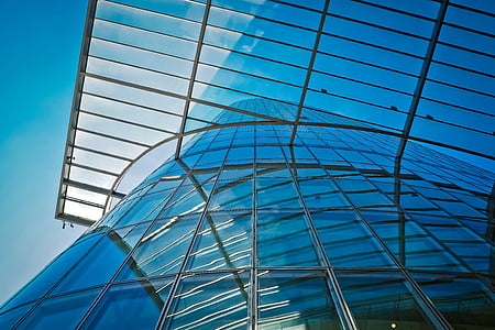 bottom view of blue glass building thumbnail