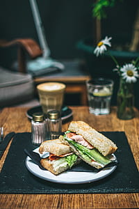 ham sandwiches on white-and-blue plate thumbnail