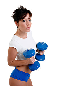 woman holding pair of blue dumbbells thumbnail