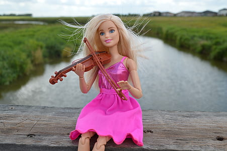 Barbie playing violin gesture on brown wooden dock thumbnail