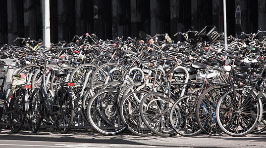 bicycles parked on a gray pavement near gray wall thumbnail