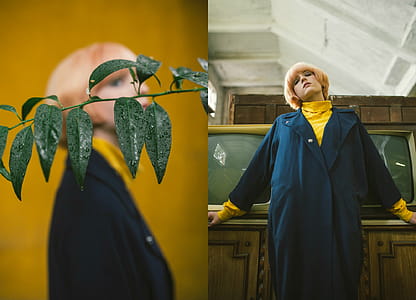 Woman Wearing Blue Coat and Yellow Sweatshirt Leaning on Brown Wooden Storage thumbnail