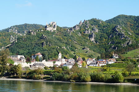 houses near mountain beside body of water thumbnail