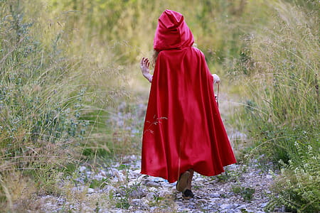 Girl With Red Hood Walking on Rocky Path Between Grasses thumbnail