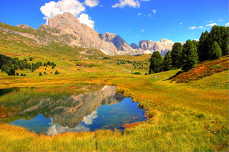 landscape photography of body of water surrounded by grass near mountain thumbnail