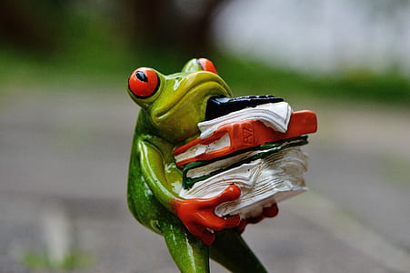 selective focus photo of green ceramic frog holding books figurine thumbnail