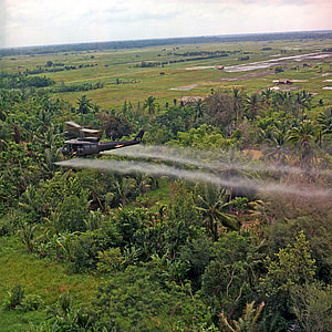 U.S. helicopter spraying chemical defoliants in the Mekong Delta during the Vietnam War thumbnail