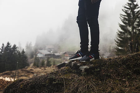 person standing near pine tree on mountain side during daytime thumbnail