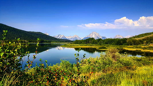 landscape photography of body of water surrounded by green grass field under calm sky thumbnail