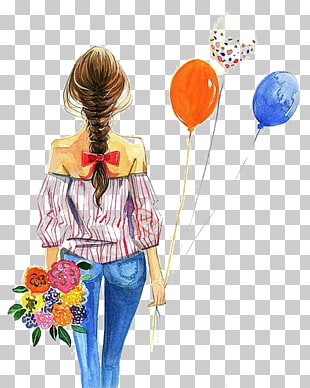 Fashion illustration Watercolor painting Drawing Illustration, Girl holding balloons, illustration of woman holding balloons PNG clipart