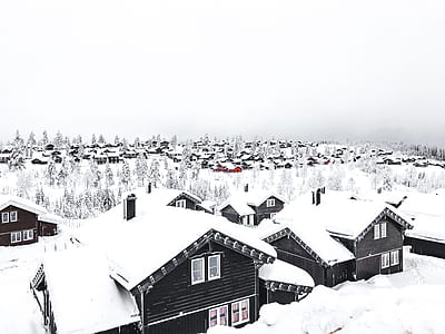 high-angle photography of snow covered houses thumbnail