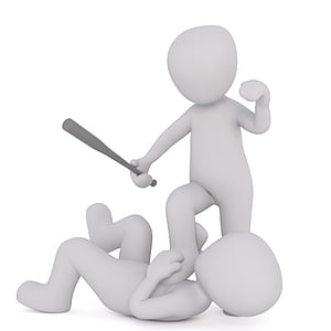 man holding bat stepping on man lying on floor illustration thumbnail