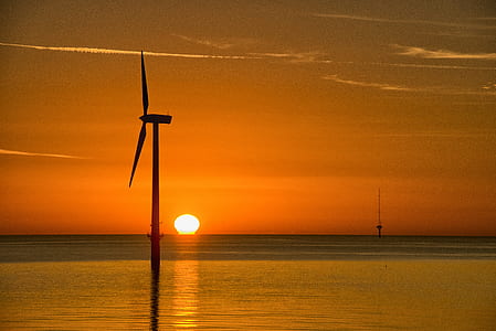 sunset, orange, wind turbine, sea, ocean thumbnail