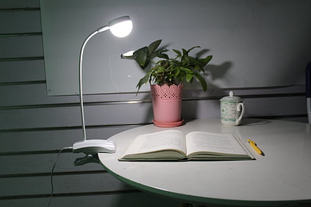 yellow pen beside white open book on desk with clip-on table light turned on thumbnail
