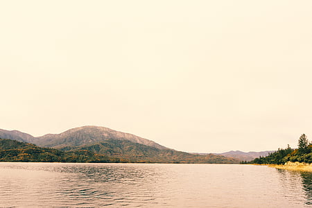 green mountain forest near body of water under cloudy sky thumbnail