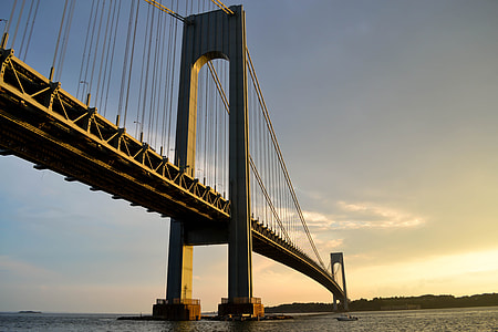 suspension bridge above body of water during golden hour thumbnail