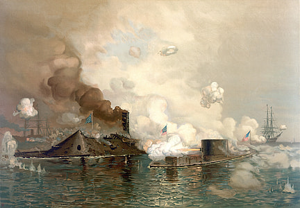 Ironclads clashing in the Battle of Hampton Roads, American Civil War thumbnail