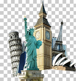 Statue of Liberty Eiffel Tower Travel Tourism, World landmarks buckle creative HD Free, Statue of Liberty, Big Ben, Eiffel Tower, Leaning Tower of Pisa, and Sydney Opera House PNG clipart