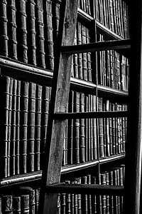 Grayscale Photography of Ladder Near Bookshelf thumbnail