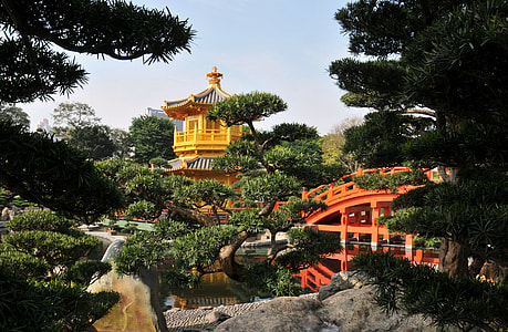 yellow pagoda temple near orange foot bridge thumbnail